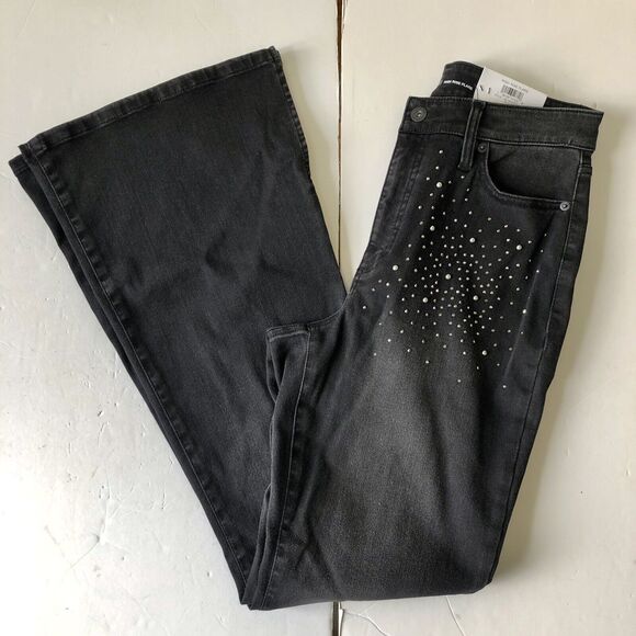 INC Denim Jeans Women's High Rise Flare Black Wash Rhinestones Studded at front - Picture 5 of 16